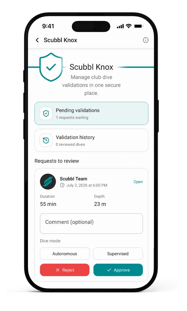 Подтверждение погружения клубом через Scubbl Knox